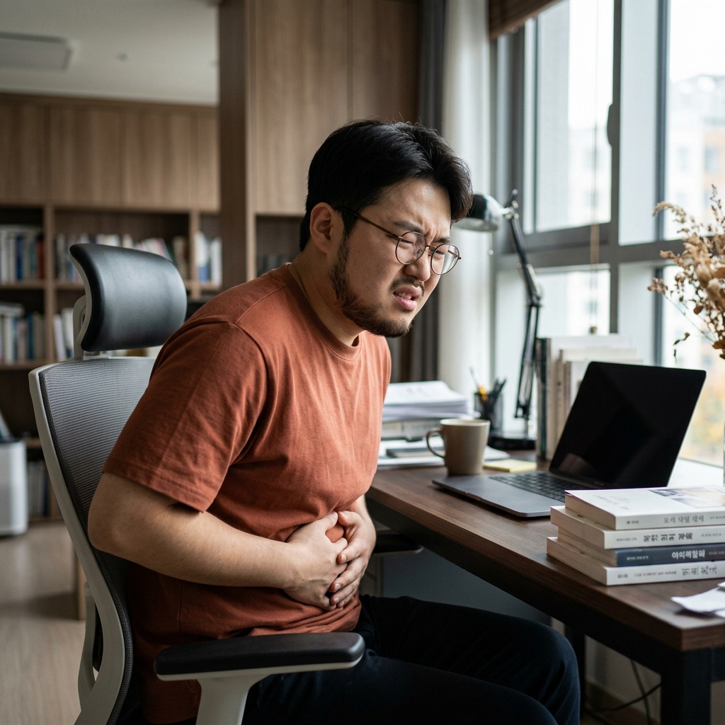 30대 직장인이 책상 앞에서 배를 감싸 쥐고 표정을 찌푸리는 모습