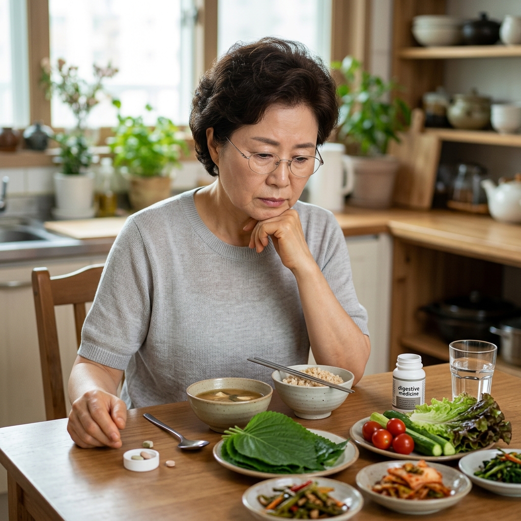 식탁 위에 놓인 소화제 통과 신선한 채소가 함께 보이는 장면, 50대 후반 여성이 식사 후 고민하는 모습