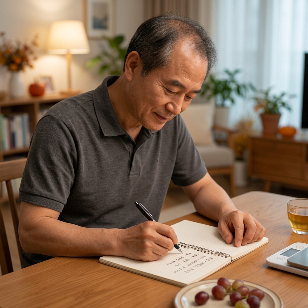음식 일지를 작성하는 60대 남성의 손과 식탁 위 메모지, 배경에 편안한 조명