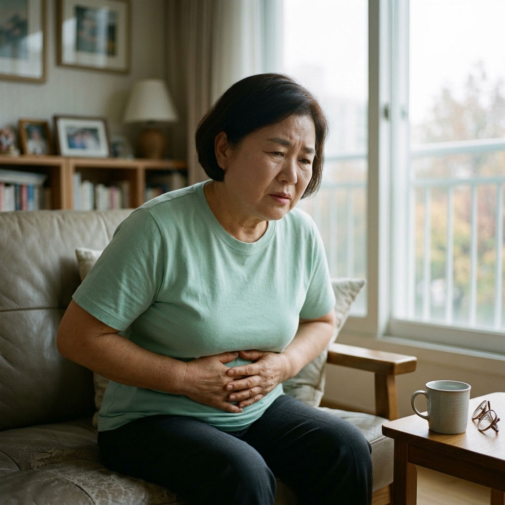 70대 중장년이 거실 소파에 앉아 배 부분을 손으로 감싸며 불편한 표정을 짓고 있는 모습, 창밖으로는 흐린 빛이 들어오고 옆 탁자에 물컵이 놓여 있다