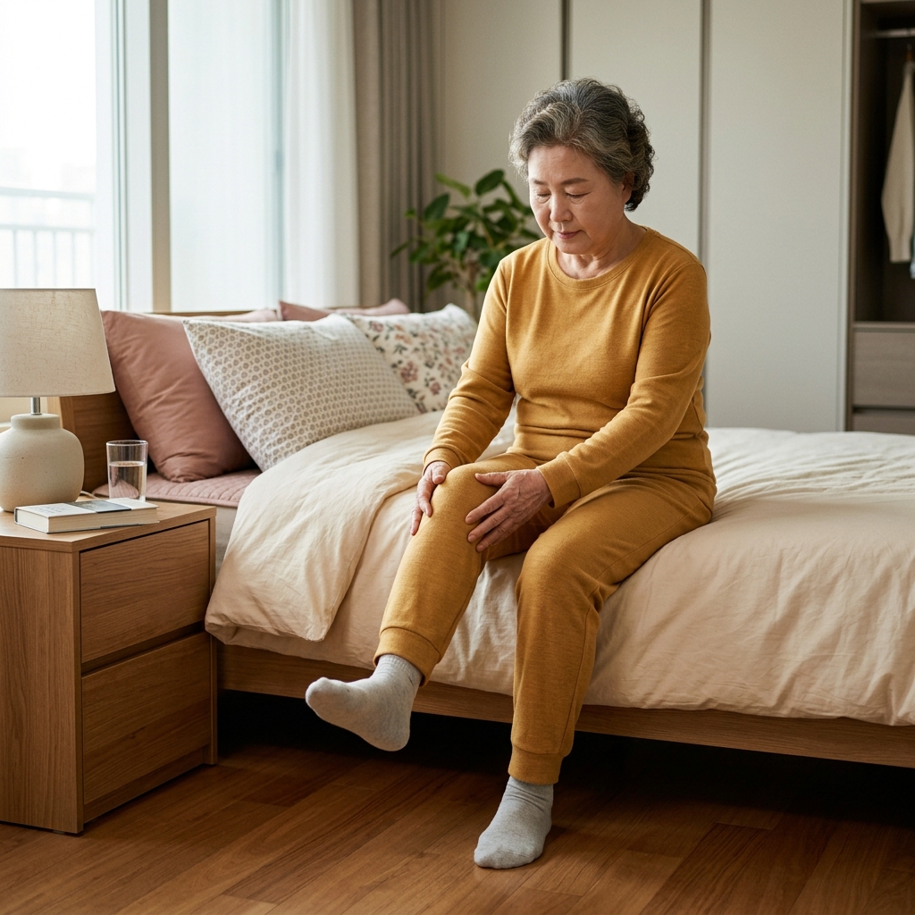 침대 가장자리에 앉아 양손으로 무릎을 가볍게 잡고 발목을 천천히 돌리는 70대 초반 여성의 아침 장면
