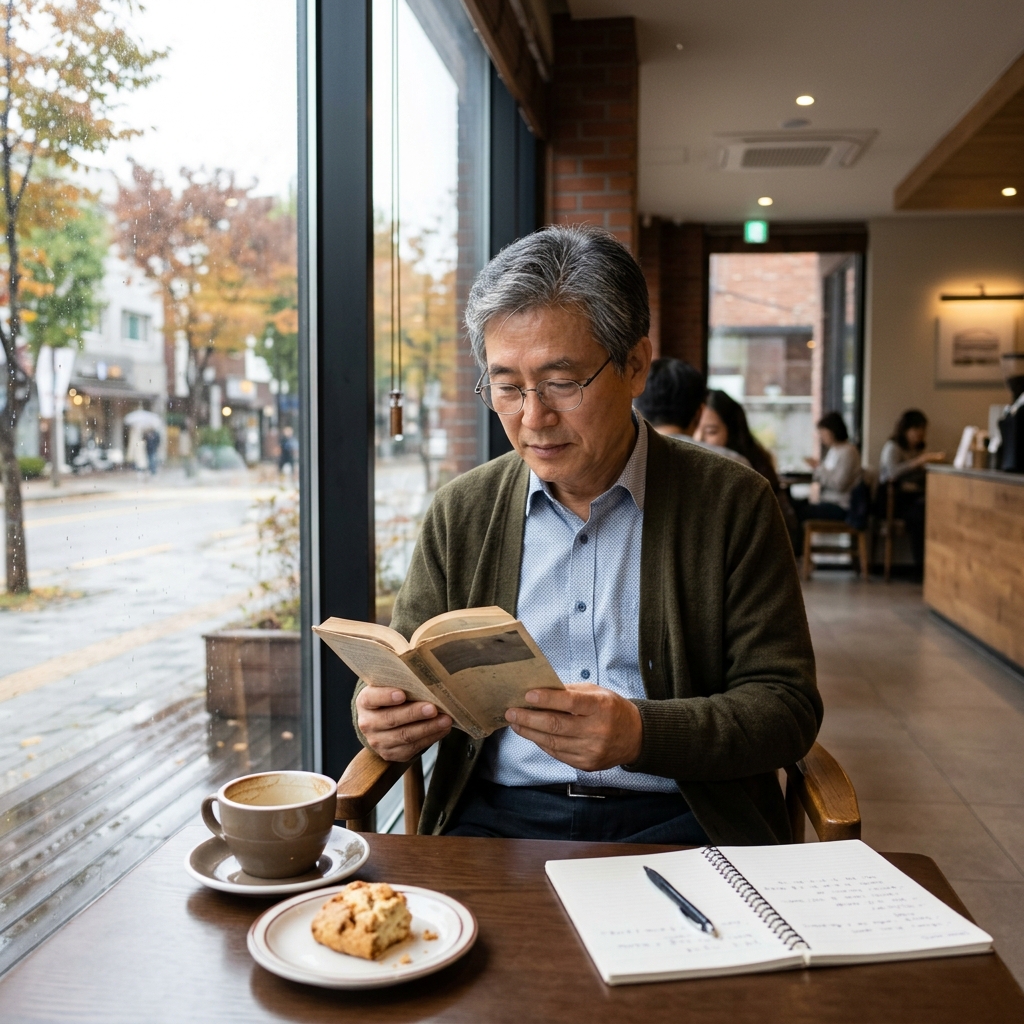 카페 창가에서 책을 읽으며 여유롭게 시간을 보내는 60대 후반 남성, 옆 테이블에는 노트와 펜이 놓여 있고 밖으로는 햇빛이 비치는 평화로운 오후 풍경