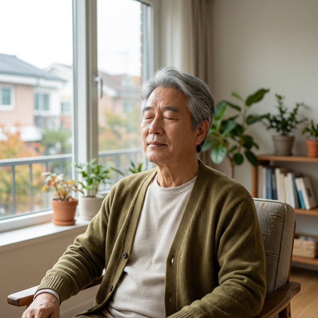창가 조용한 공간에서 눈을 감고 깊은 호흡을 하는 70대 시니어의 차분한 표정