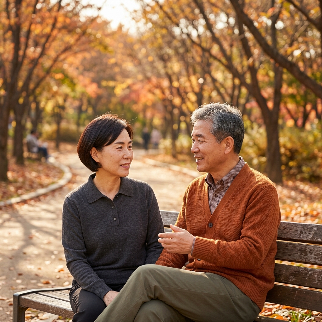 60대 남녀가 공원 벤치에 나란히 앉아 담소를 나누는 모습, 따스한 오후 햇살과 잎이 떨어지기 시작한 나무가 보이는 가을 풍경
