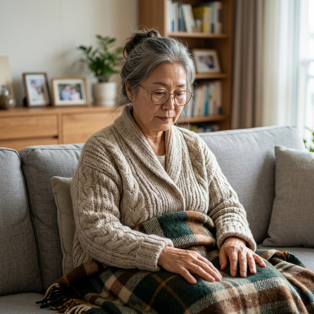 거실 소파에 앉아 두꺼운 가디건을 걸친 70대 여성이 무릎에 담요를 덮고 있는 모습