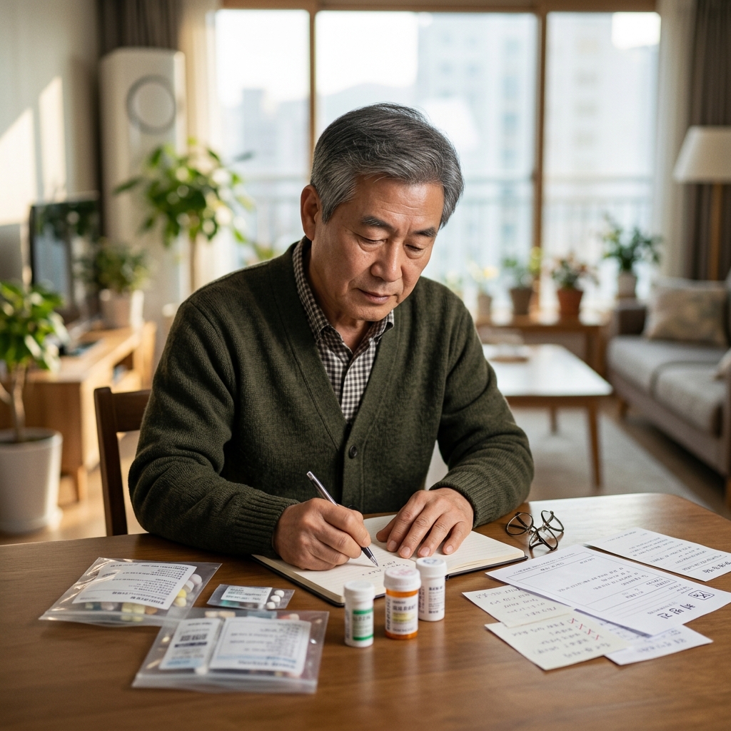70대 노인이 거실 테이블에 앉아 여러 개의 약 봉투와 약통을 앞에 놓고 목록을 정리하는 모습, 옆에는 처방전과 메모지가 보이고 창밖으로는 겨울 오후 햇빛이 들어온다