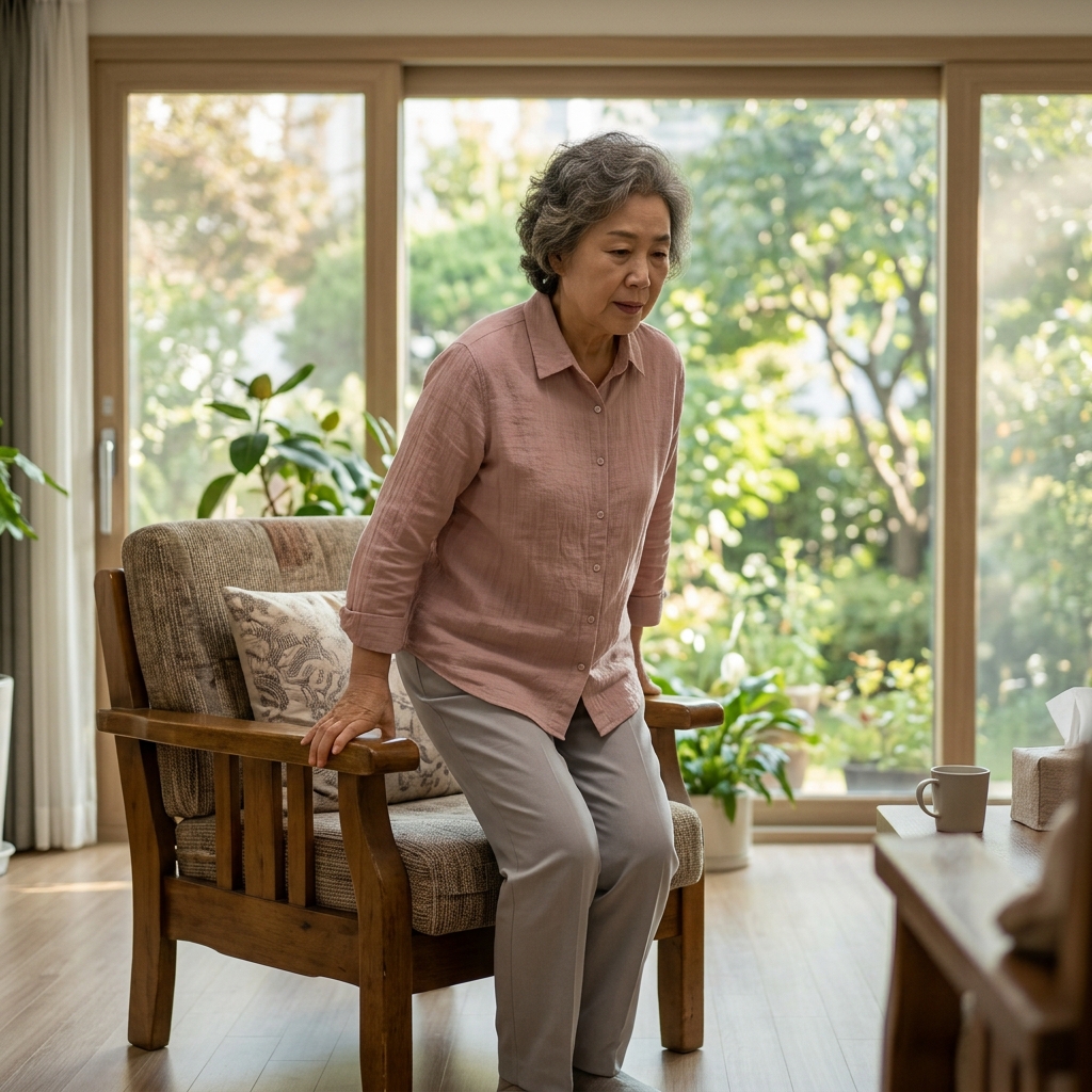 70대 여성이 거실 의자에서 천천히 일어서는 모습, 얇은 면 셔츠와 밝은 회색 슬랙스 차림, 창밖으로 초록빛 나무가 보이고 부드러운 오후 햇살