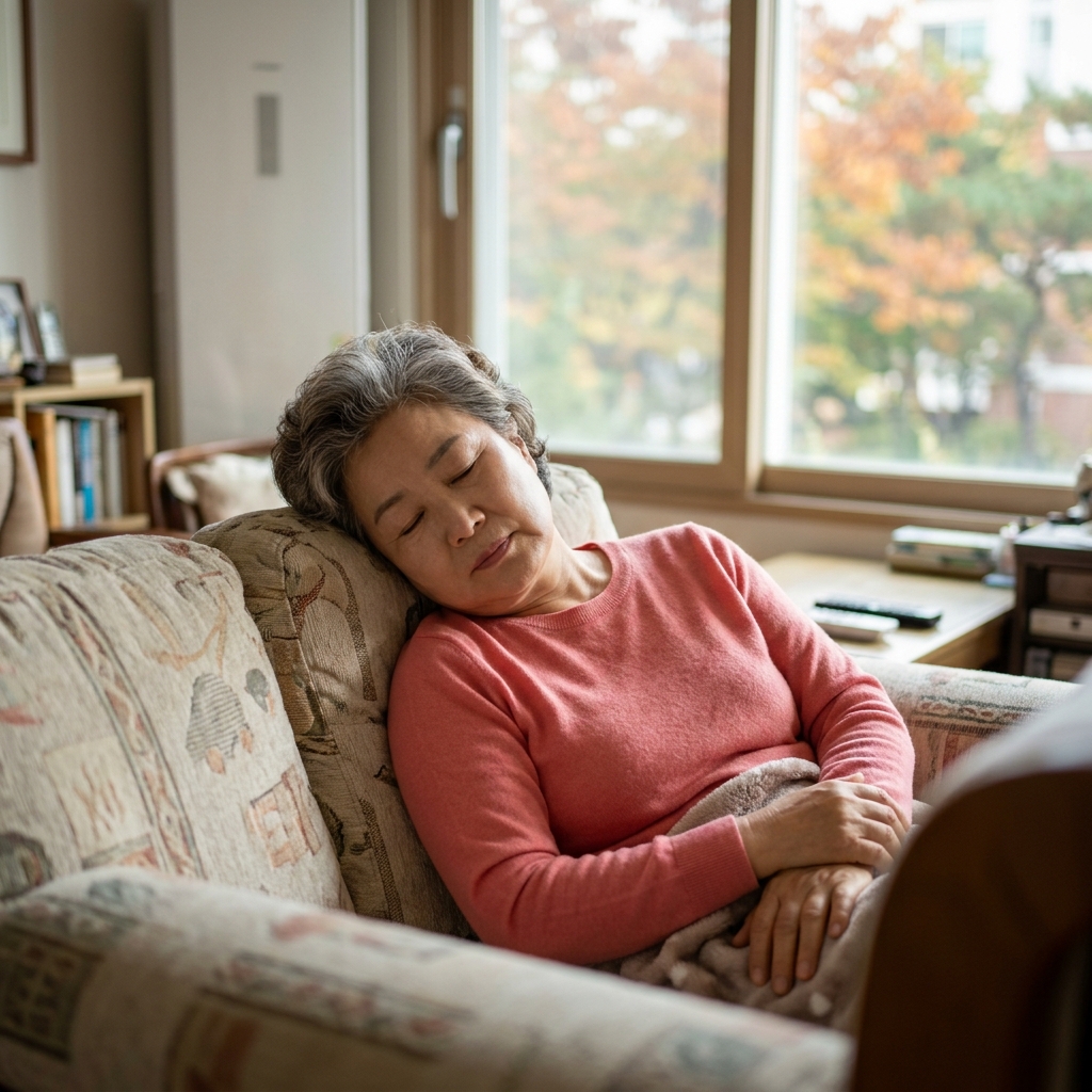 거실 소파에 앉아 낮잠 자는 70대 여성, 창밖 햇빛, 긴소매 블라우스