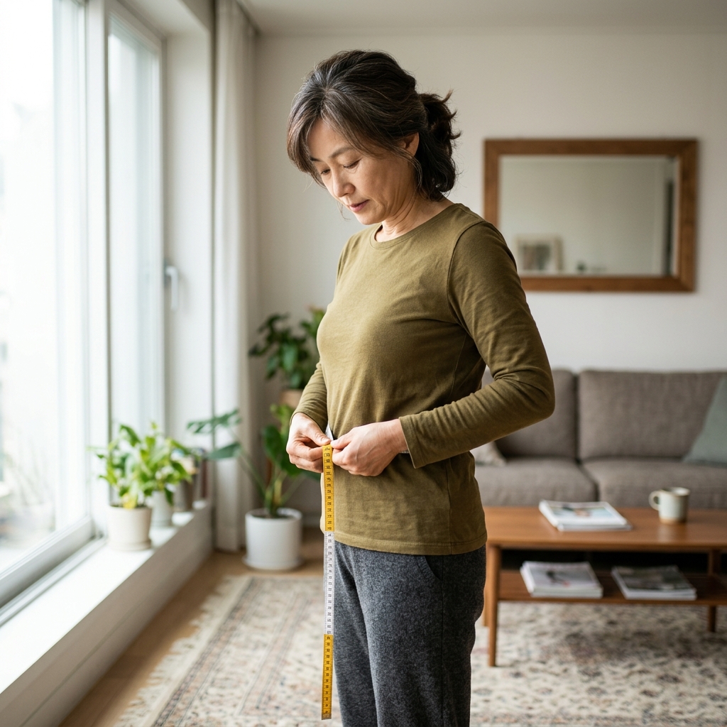 50대 여성이 거실에서 허리둘레를 줄자로 재고 있는 모습, 창가 자연광, 긴팔 티셔츠