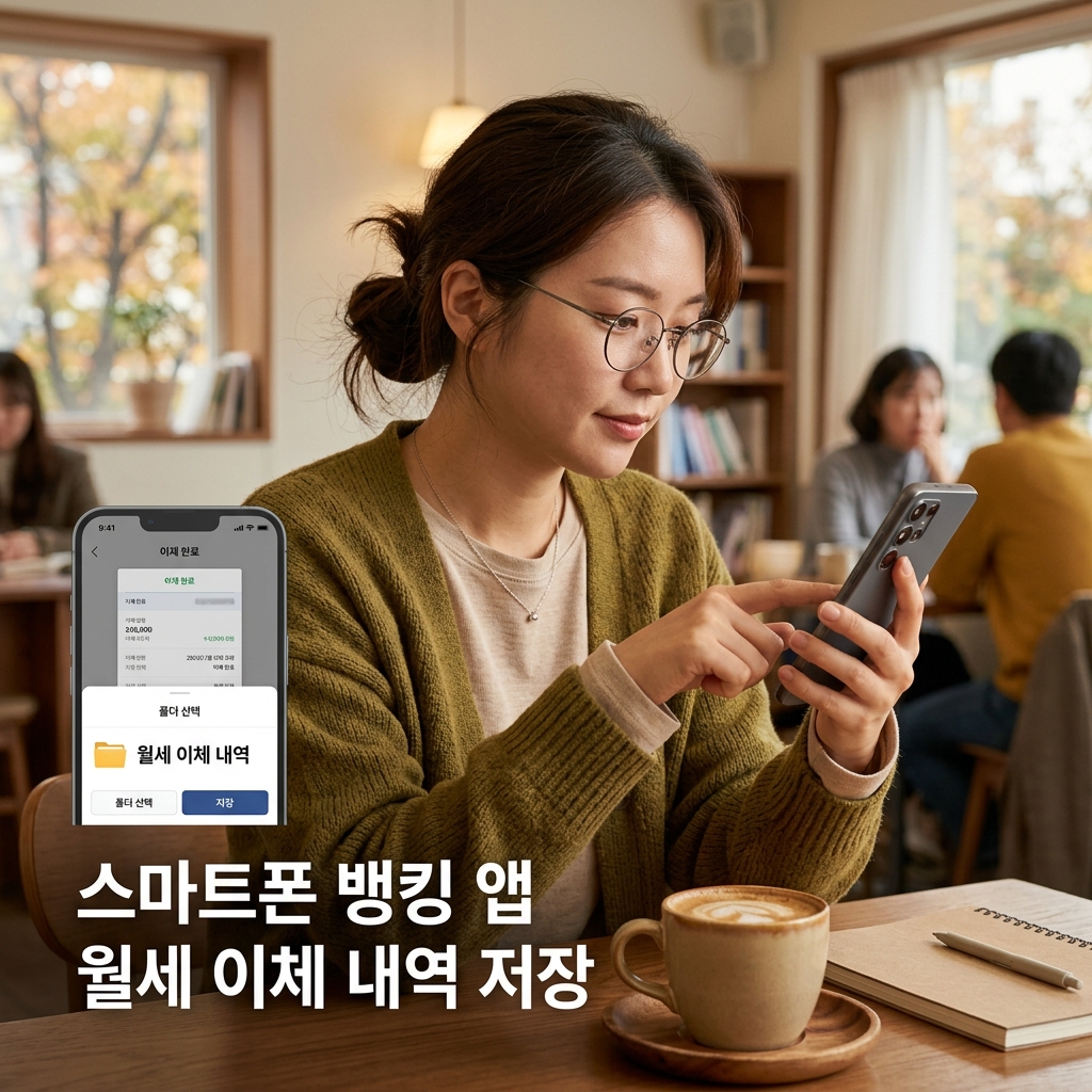 스마트폰 뱅킹 앱에서 월세 이체 내역을 캡처하고 폴더에 저장하는 화면