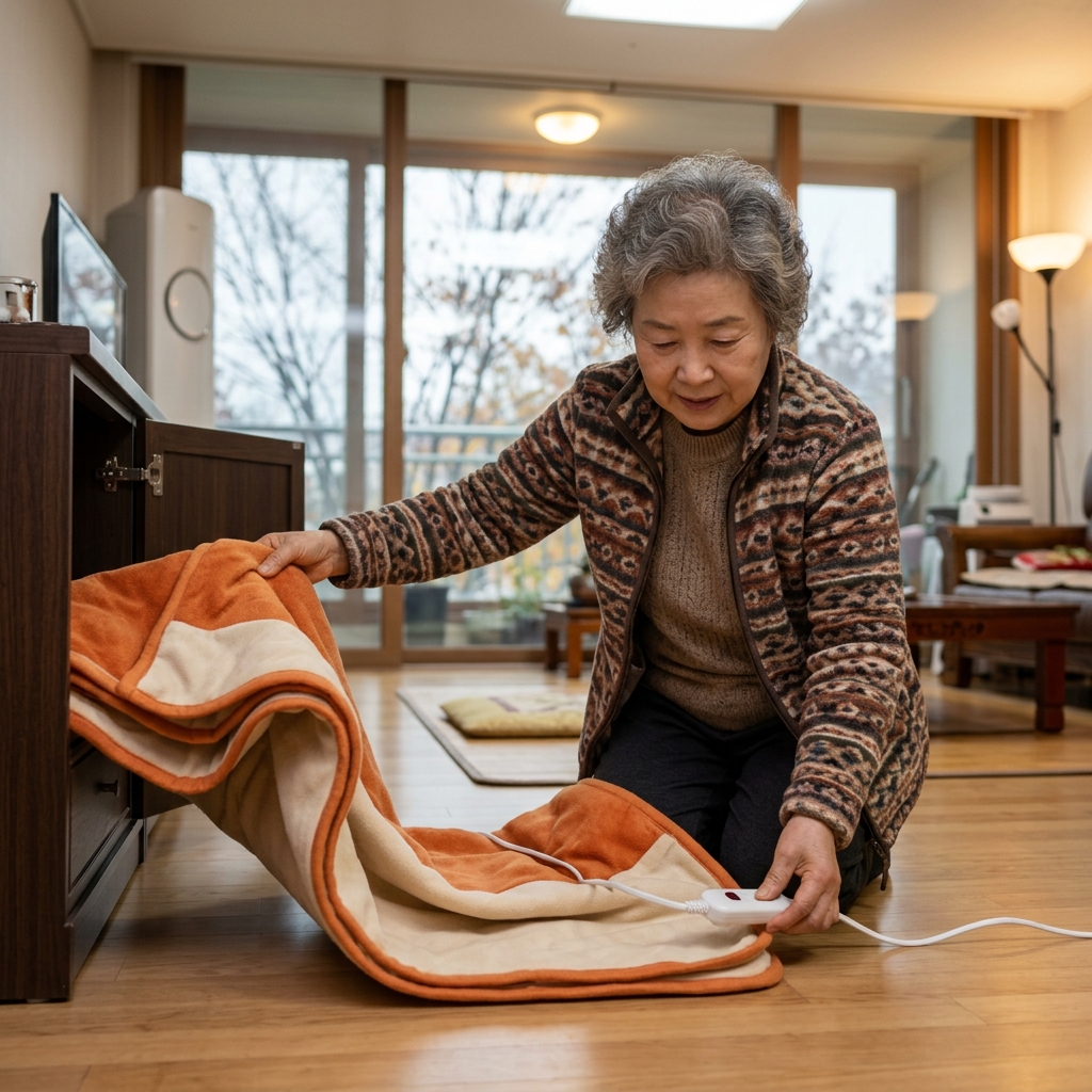 70대 여성이 보관함에서 접힌 전기장판을 꺼내 평평한 바닥에 펼쳐놓고 전원선 부분을 손으로 살피는 모습, 실내 창밖으로 앙상한 가지가 보이고 실내 조명이 따뜻하게 켜져 있음
