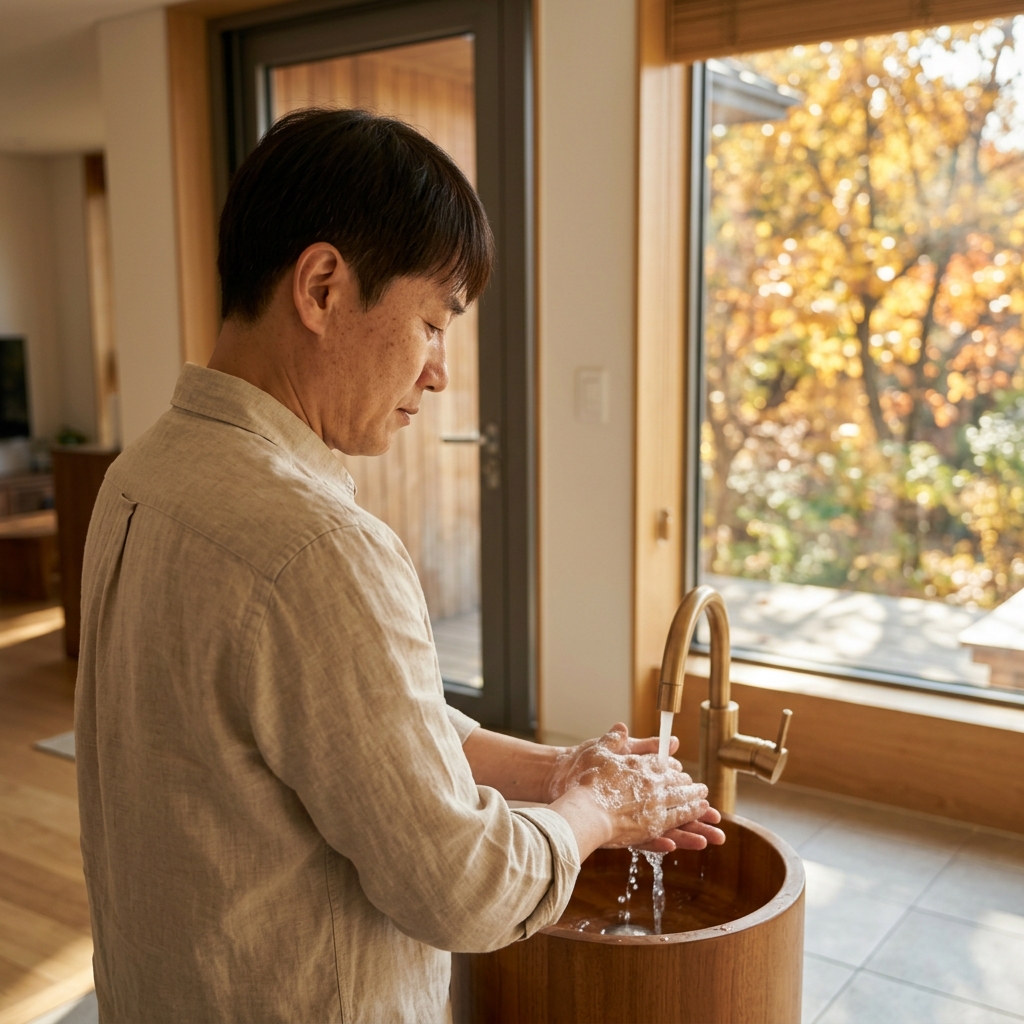 현관 입구에서 흐르는 물에 비누칠하며 손을 씻는 40대 성인, 가벼운 긴팔 셔츠 차림, 창밖으로 가을 햇살