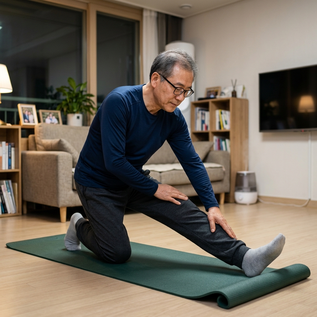 해가 일찍 진 저녁, 실내에서 스트레칭 매트를 펼쳐놓고 준비운동을 하는 60대 후반 남성의 모습