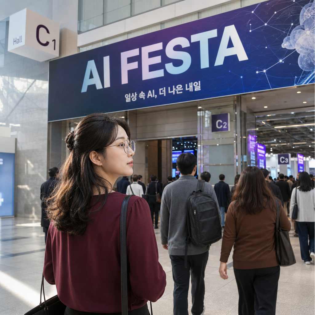 코엑스 C홀 입구에서 AI FESTA 배너를 보며 입장하는 관람객들
