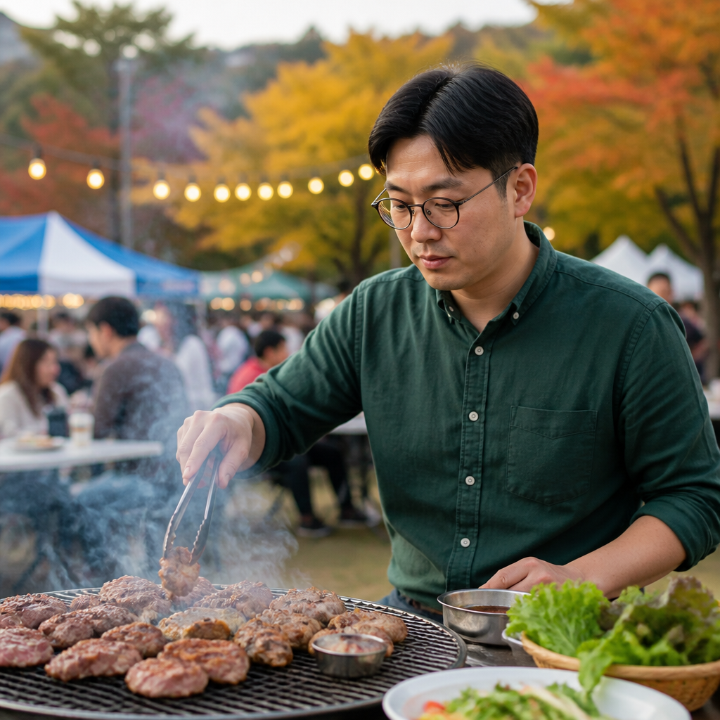 야외 바비큐 테이블에서 고기를 굽는 축제 현장 모습
