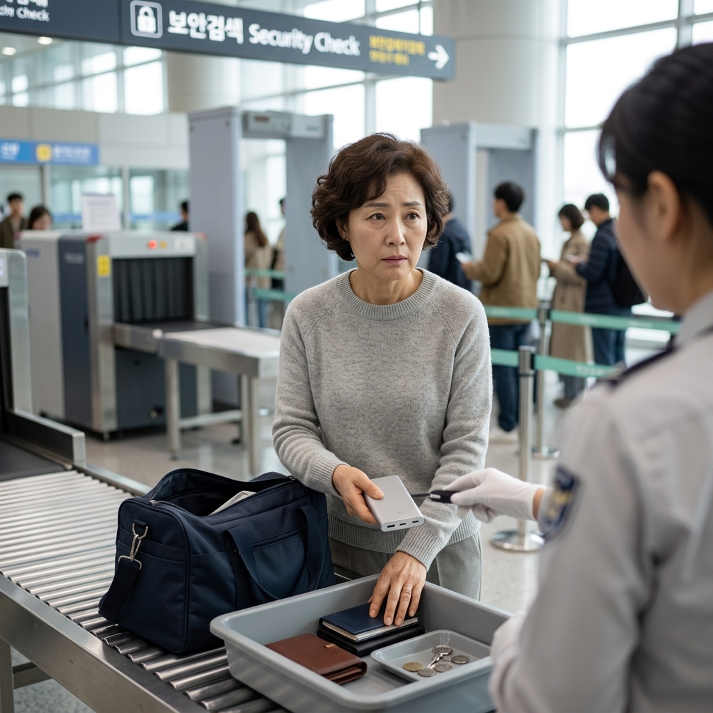 공항 보안검색대에서 승객이 가방에서 보조배터리를 꺼내 확인받는 장면