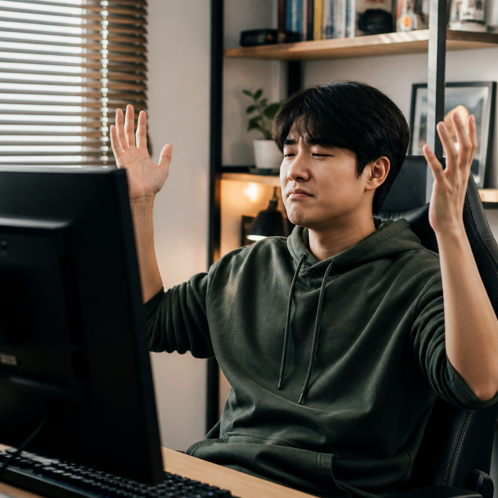 게임 화면을 보며 체념하듯 손을 들어 올리는 청년의 모습