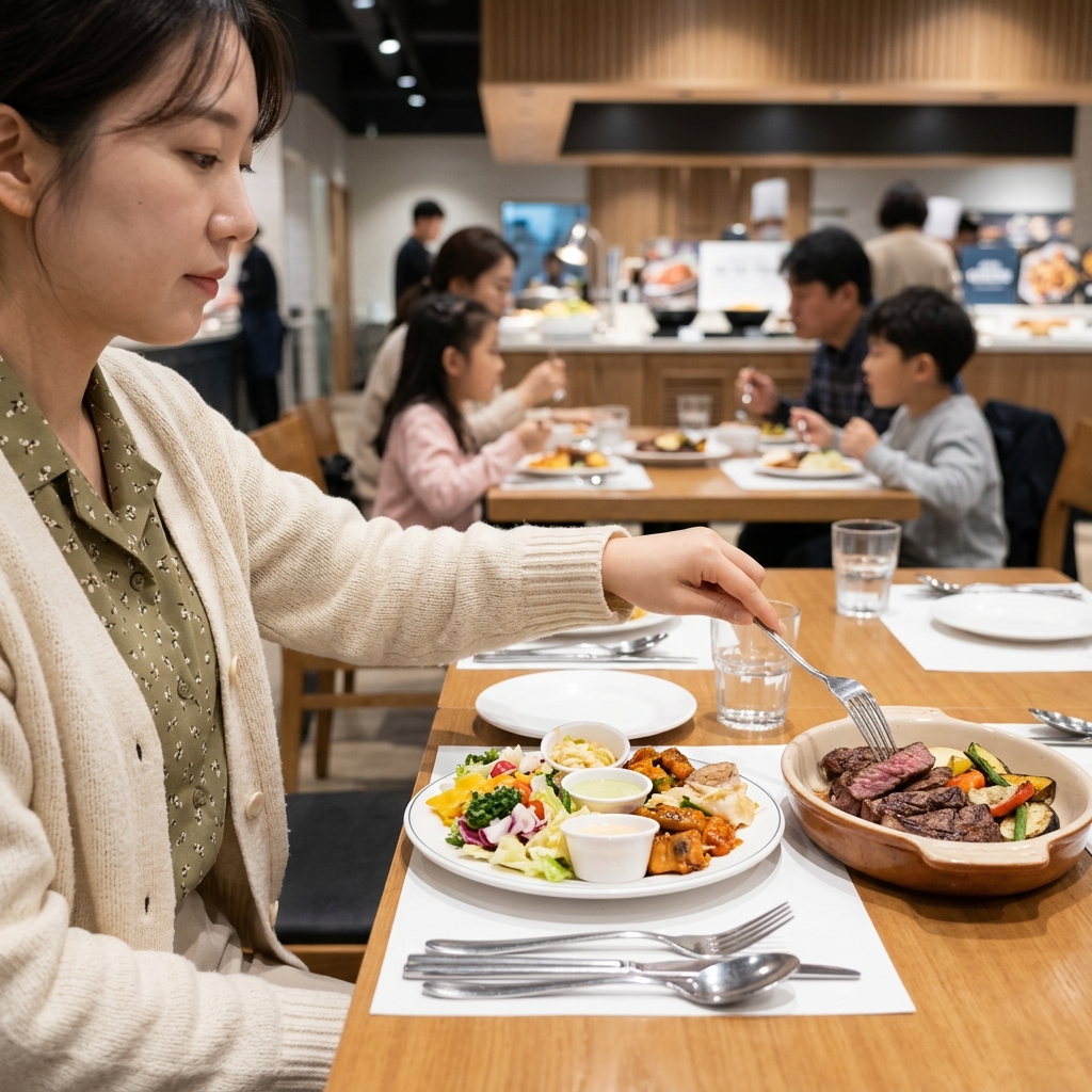 애슐리퀸즈 샐러드바와 구워진 스테이크가 함께 놓인 테이블