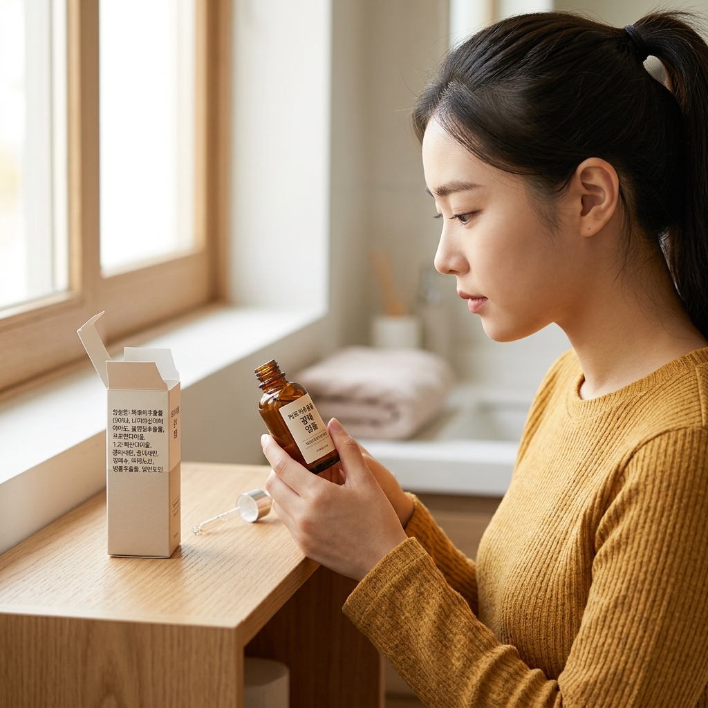 파로씨추출물이 담긴 광채 앰플 제품과 성분 표시 장면