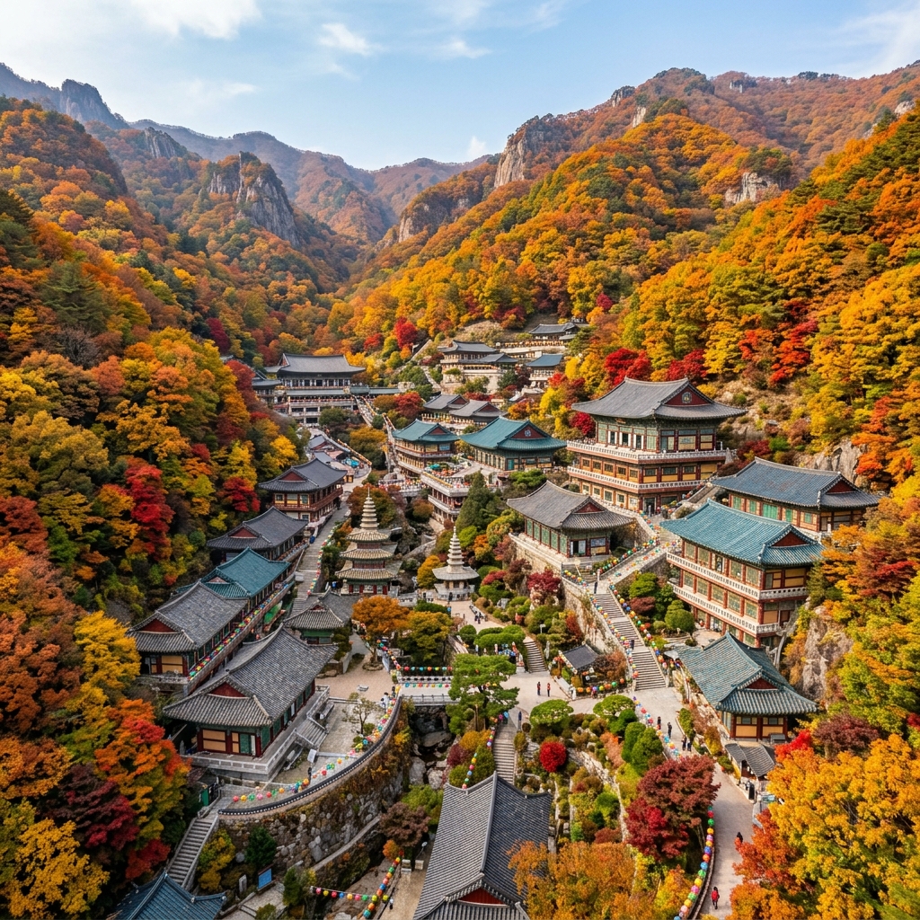 산비탈에 단풍 물든 구인사 전경