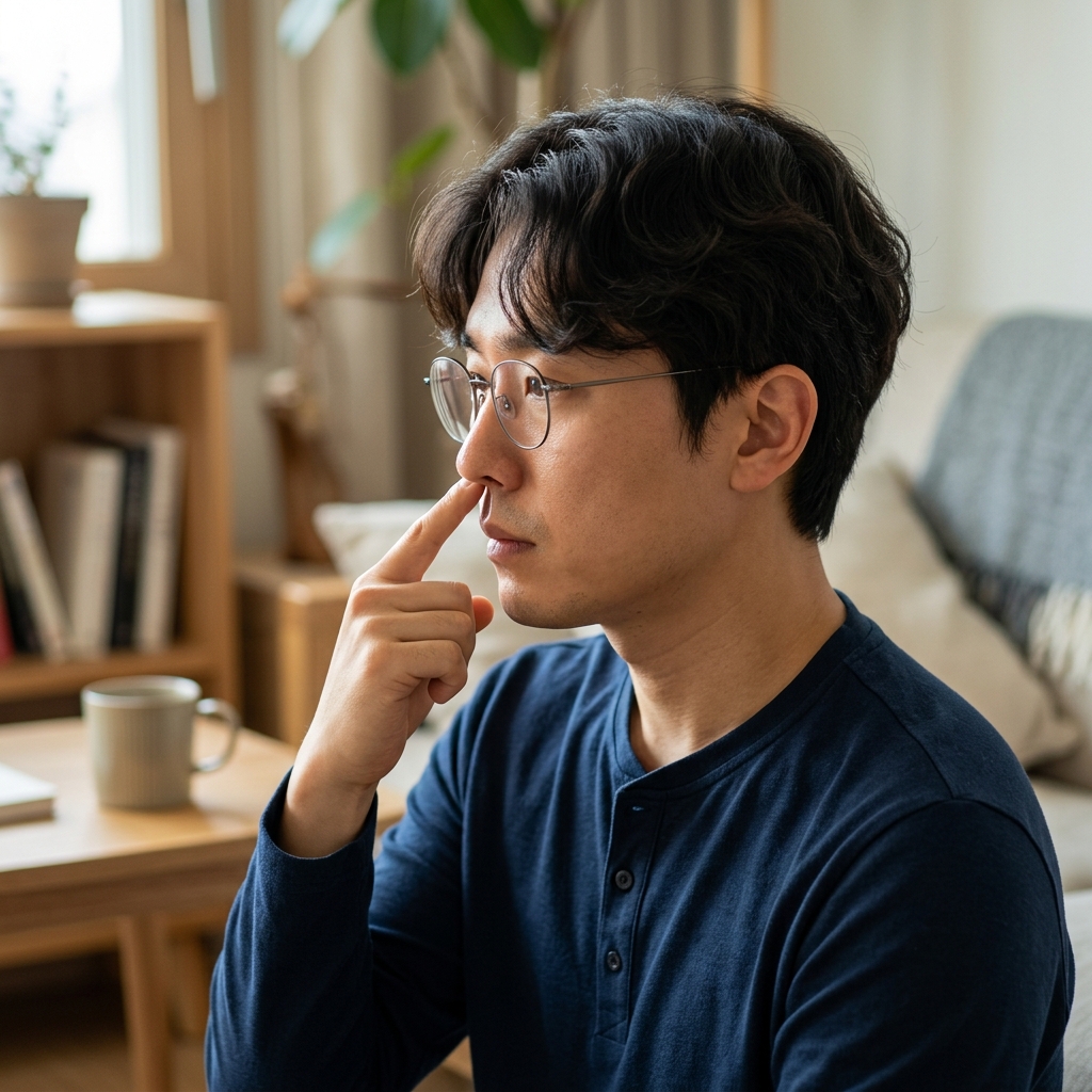 한쪽 코를 막고 숨쉬는 방향을 확인하는 중년 남성의 얼굴 측면, 실내 자연광