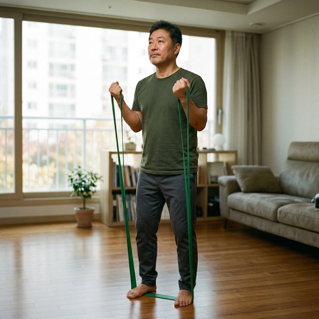 50대 중반 남성이 거실 바닥에서 탄력 밴드를 발로 밟고 서서 팔꿈치를 몸통 옆에 고정한 채 밴드를 위로 당겨 올리는 모습. 반팔 티셔츠를 입고 있으며 창밖으로 밝은 주간 빛이 들어오고 실내 바닥은 평평한 마루다