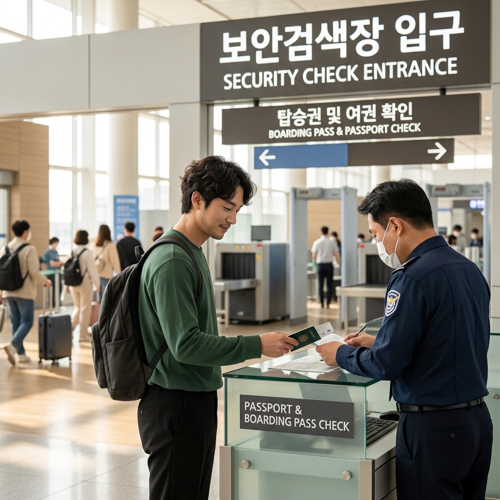 인천공항 보안검색장 입구에서 탑승권과 여권을 확인받는 중년 여행객의 뒷모습, 검색대 안내 표지판이 보이는 장면