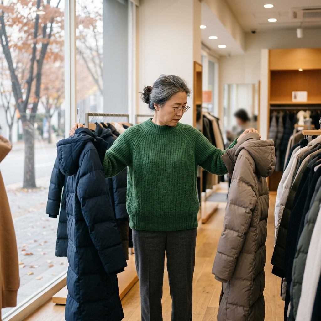 50대 후반 여성이 매장에서 두 벌의 롱패딩을 양손에 들어 무게를 비교하는 장면, 두꺼운 긴소매 니트 착용, 창밖으로 가로수 잎이 떨어진 늦가을 풍경