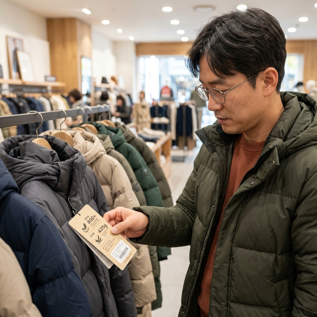 매장 진열대에 걸린 롱패딩 여러 벌과 제품 택에 표시된 필파워·우모량 라벨을 확대해 보는 손 클로즈업, 실내 조명 아래