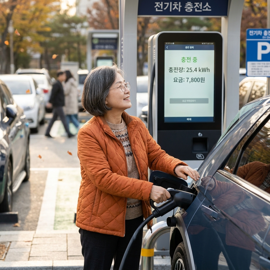 공공 충전소 앞에서 충전 케이블을 연결하며 요금 화면을 확인하는 60대 전기차 운전자