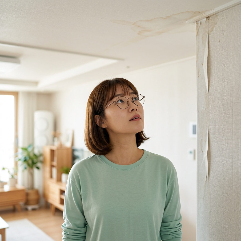 아파트 거실 천장 모서리에 갈색 얼룩과 들뜬 벽지가 보이는 장면, 실내 조명 아래 중년 여성이 올려다보는 모습