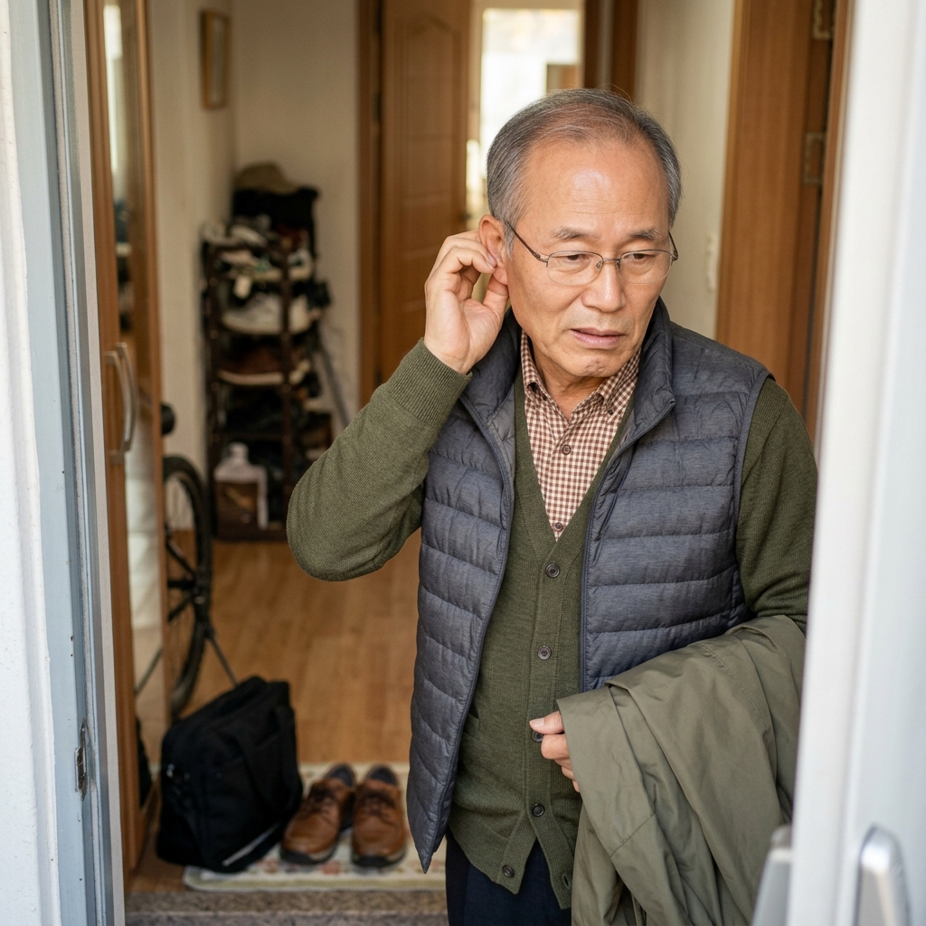 50대 중반 남성이 가을 아침 찬바람을 맞으며 외출 준비를 하는데, 한쪽 눈썹이 처지고 입꼬리가 비대칭으로 올라가 있으며 귀 뒤쪽을 손으로 짚고 있는 모습