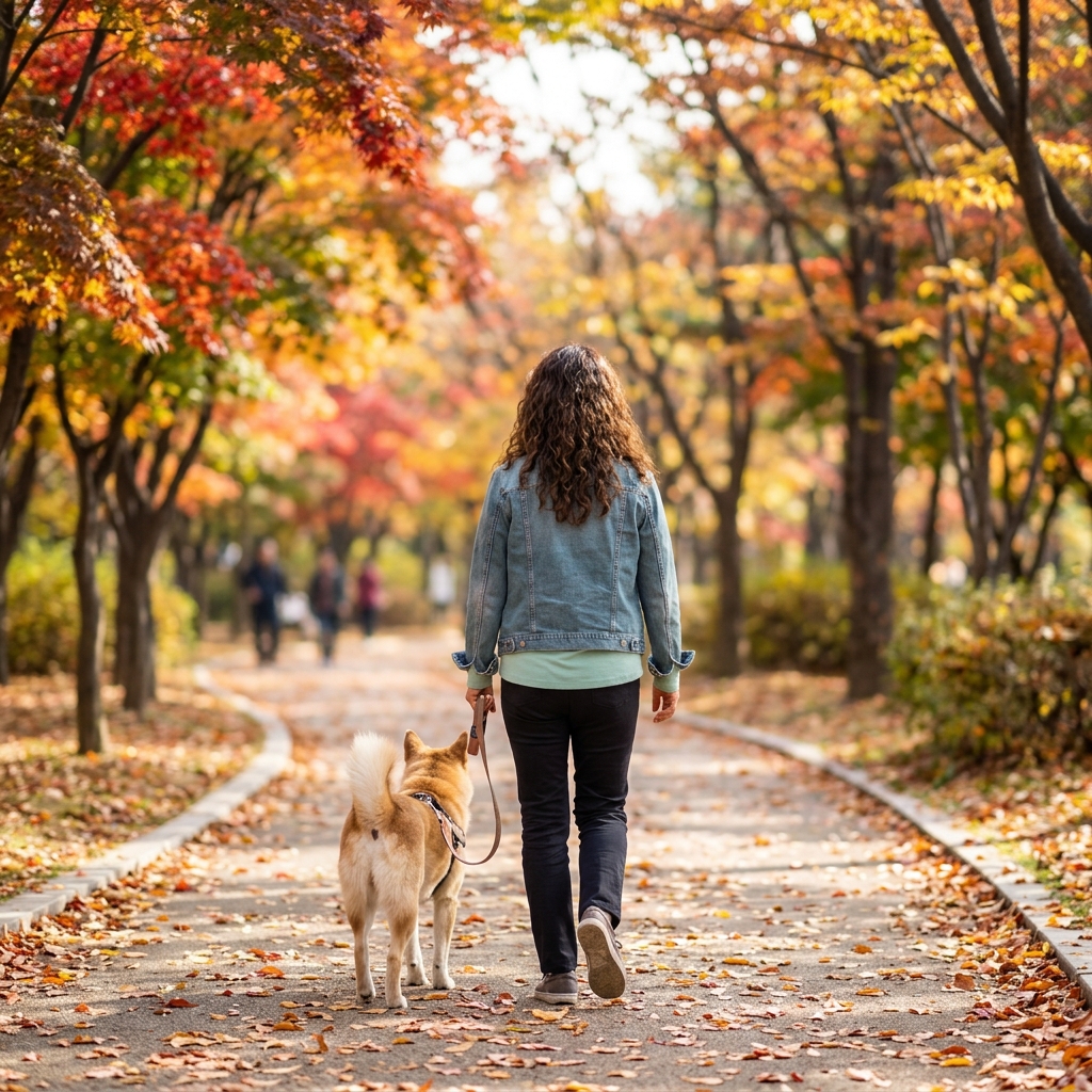 가을 단풍길을 따라 산책하는 반려견과 보호자의 뒷모습