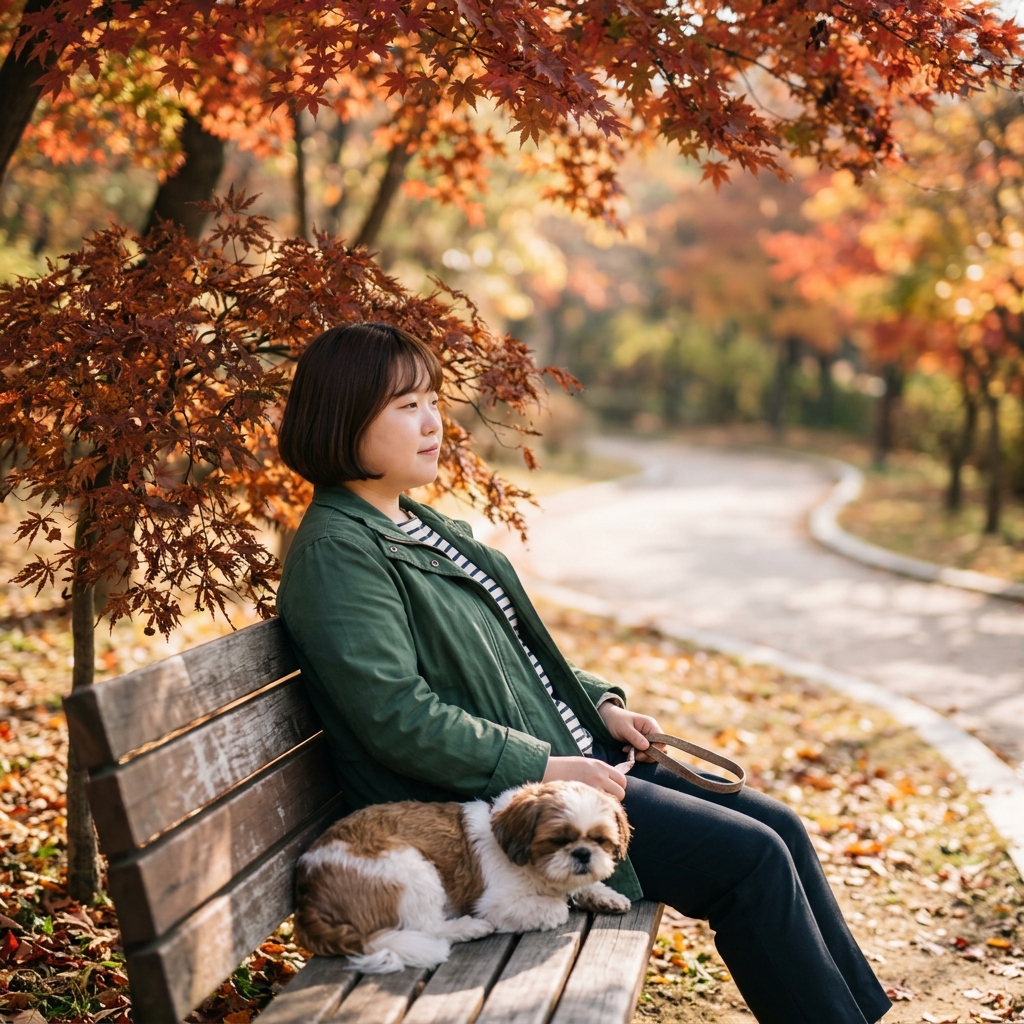 공원 벤치 옆에서 쉬고 있는 반려견과 단풍나무