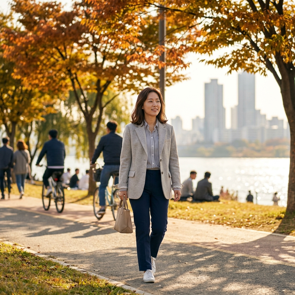 10월 한강공원에서 긴팔 셔츠에 재킷을 걸친 30대 여성이 산책하는 모습, 오후 햇살 아래 가벼운 외출복 차림