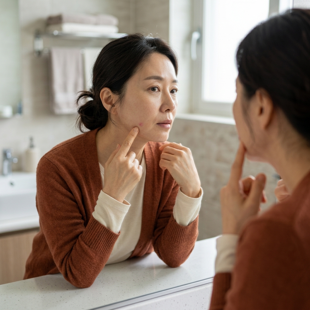 거울을 보며 얼굴의 작은 돌기를 손가락으로 가리키는 중년 여성