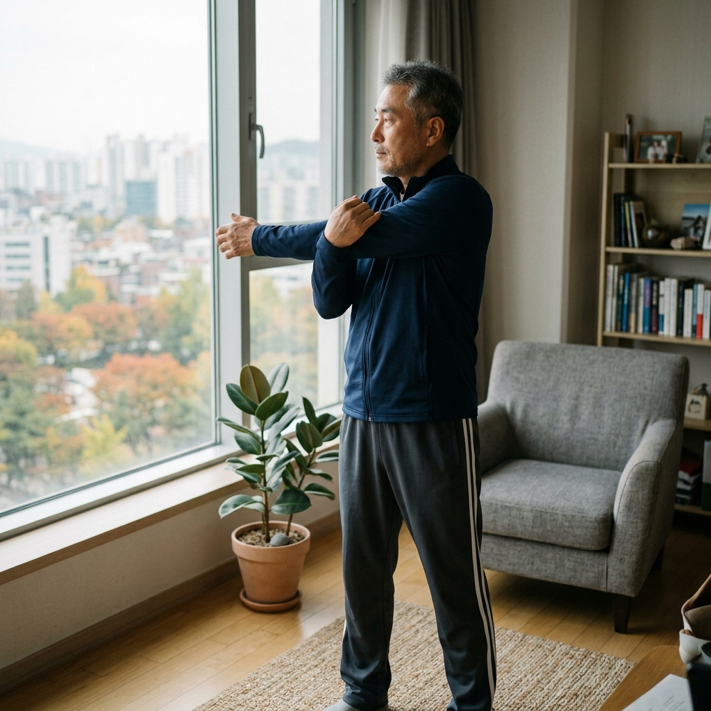 60대 남성이 실내 운동복 차림으로 창가에서 가벼운 스트레칭을 하고 있는 모습, 긴팔 트레이닝복