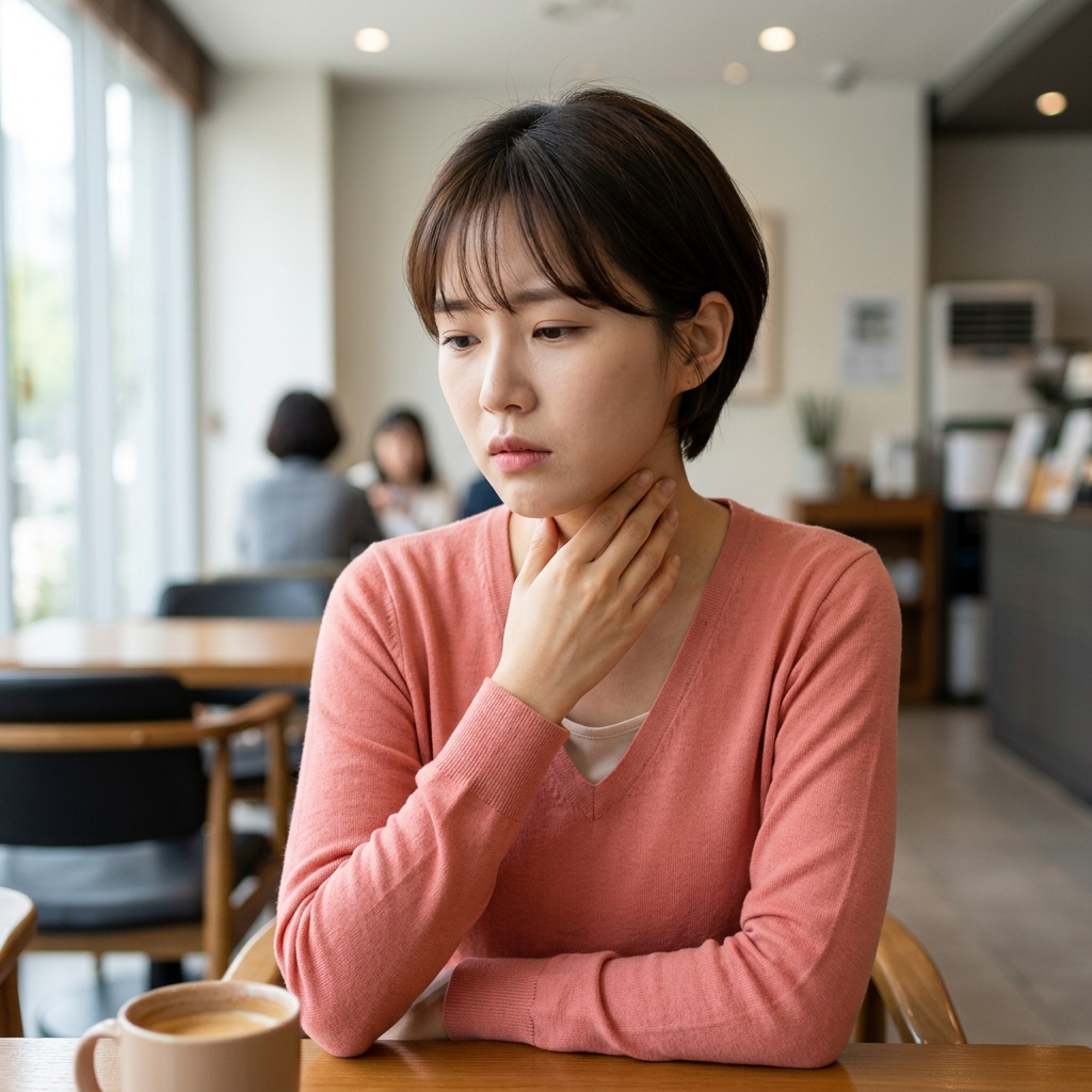 60대 여성이 목 부위를 손으로 만지며 불편함을 느끼는 모습, 얇은 긴팔 블라우스 착용, 실내 조명 아래