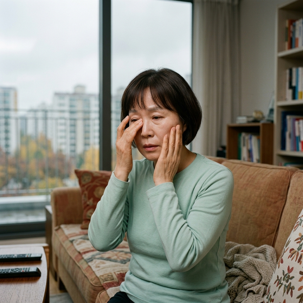 실내 거실 소파에 앉은 70대 남성이 눈가에 손을 대고 불편한 표情으로 눈을 깜빡이는 모습, 창밖으로 흐린 가을 하늘이 보임