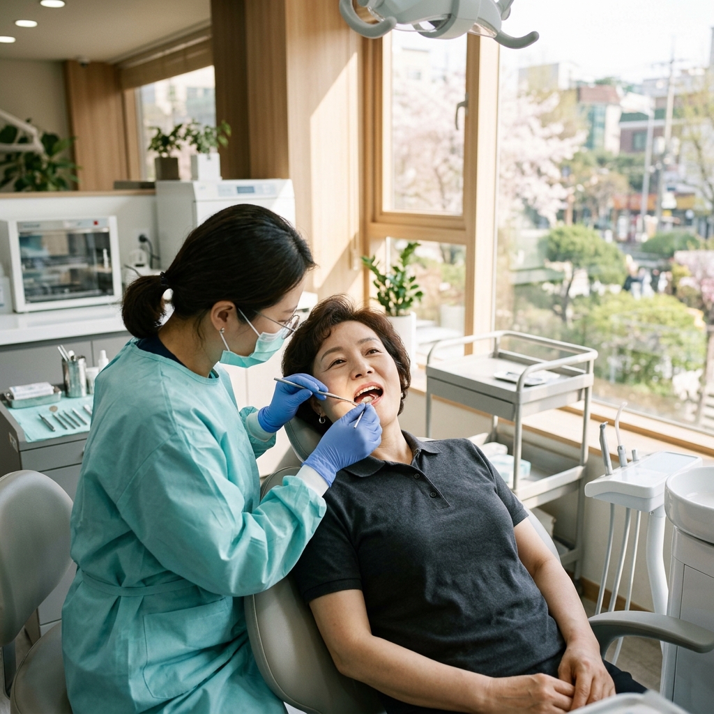 치과 진료실에서 60대 남성이 진료 의자에 앉아 입을 벌리고 있고 치과의사가 소형 거울과 탐침으로 어금니 교합 상태를 확인하는 장면, 창밖으로 봄철 햇살이 들어오는 오전 시간대