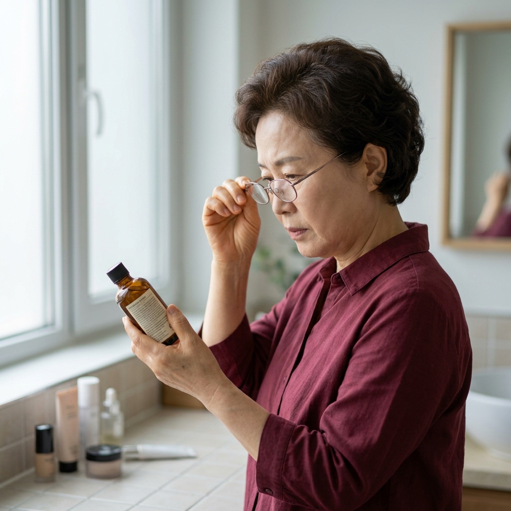 60대 여성이 얇은 반팔 블라우스를 입고 밝은 조명 아래에서 화장품 용기 뒷면 성분표를 천천히 살피고 있는 모습