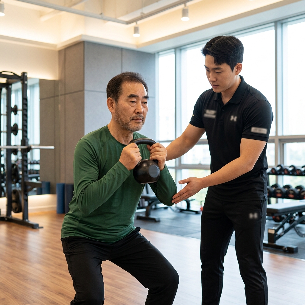 60대 남성이 트레이너의 지도 아래 체육관에서 케틀벨을 든 채 스쿼트 자세를 잡고 있는 장면, 긴팔 운동복 착용, 밝은 실내 조명