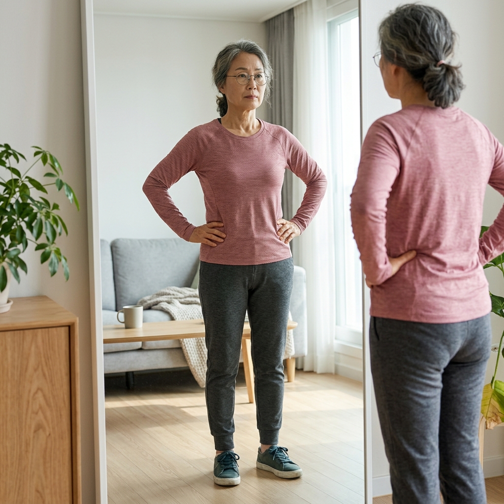 60대 여성이 거울 앞에서 자세를 확인하며 양손을 허리에 대고 서 있는 모습, 실내 운동복 차림, 자연광이 들어오는 밝은 실내