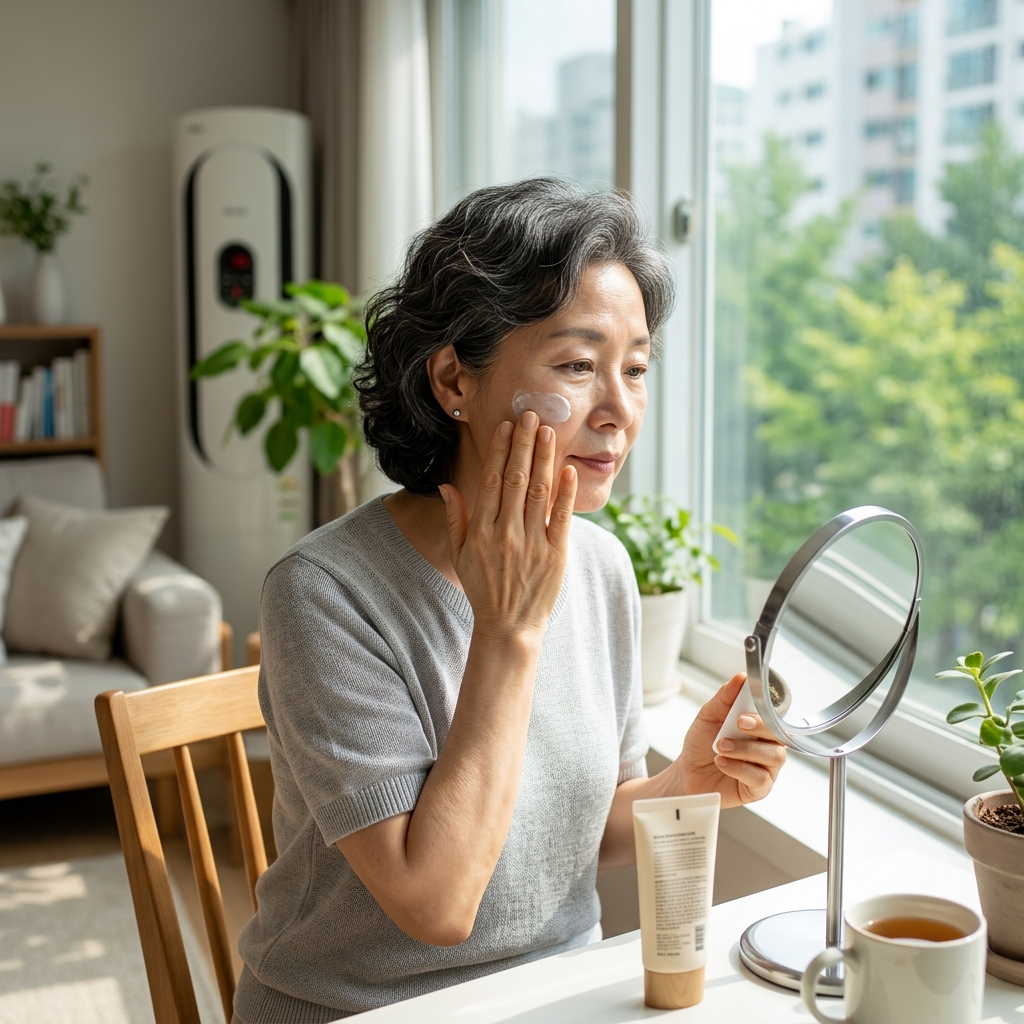 60대 후반 여성이 아침 햇살이 드는 거실 창가에서 얼굴에 선크림을 바르고 있는 모습