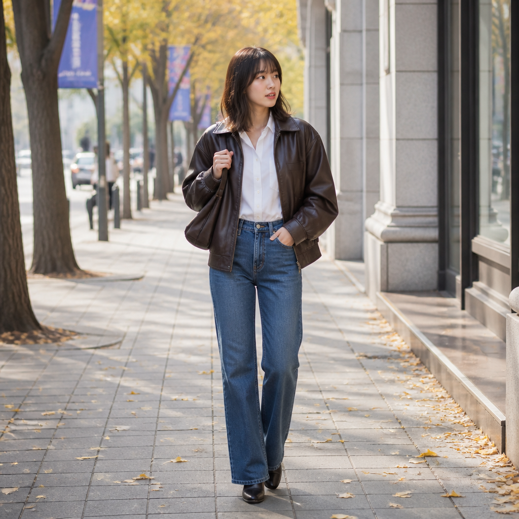 브라운 오버핏 레더 재킷을 입고 데님 팬츠와 매치한 전신 스타일링