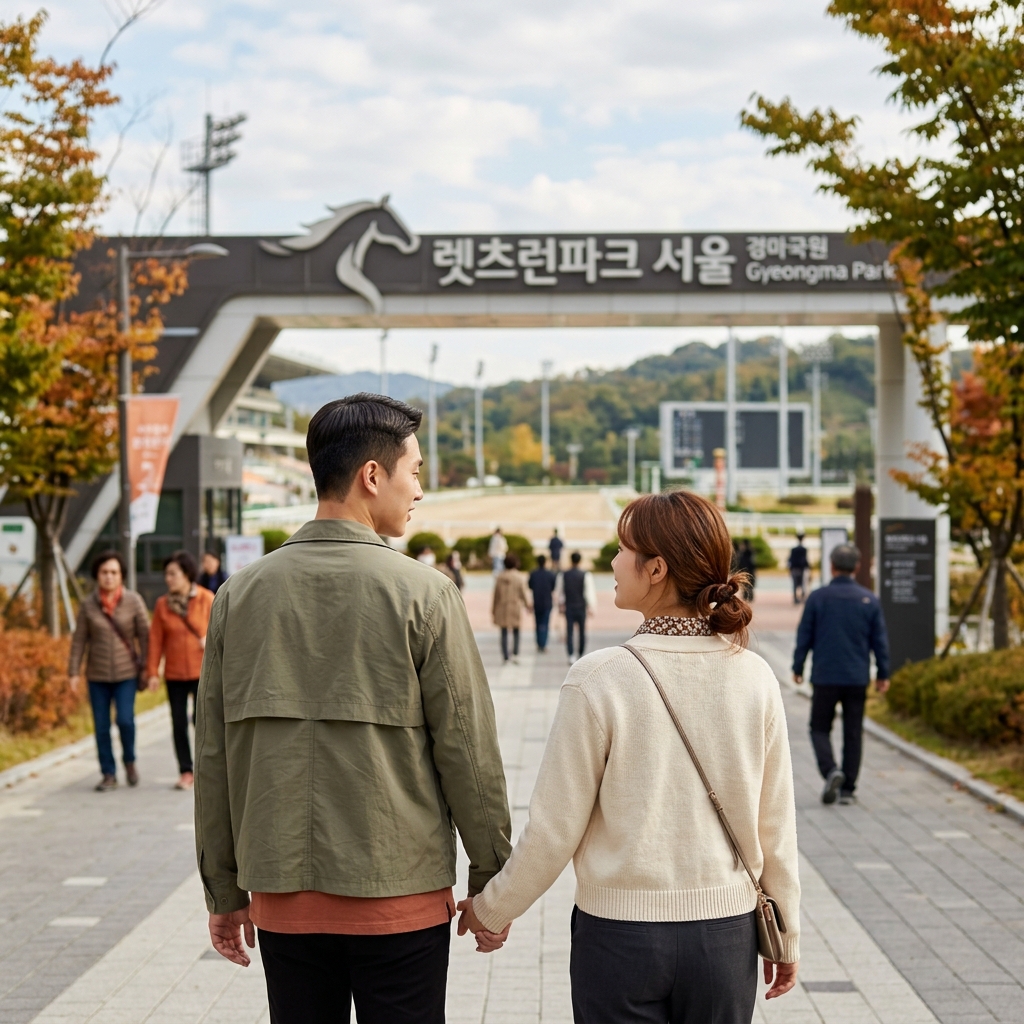 경마공원역 앞 렛츠런파크 서울 입구와 커플이 걷는 모습