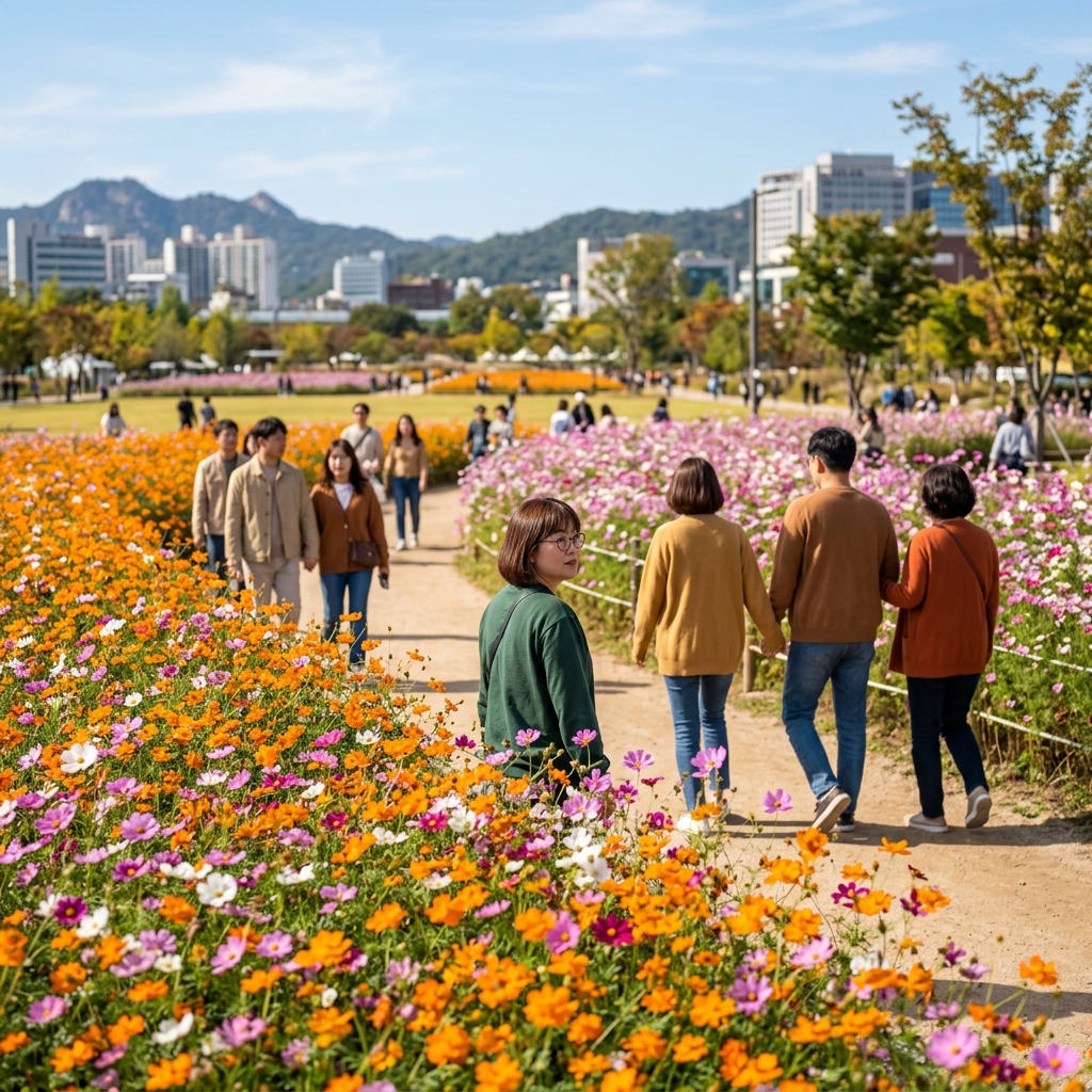 서울 종로구 열린송현녹지광장에 만개한 황화코스모스와 일반 코스모스 꽃밭 사이로 시민들이 산책하는 가을 풍경