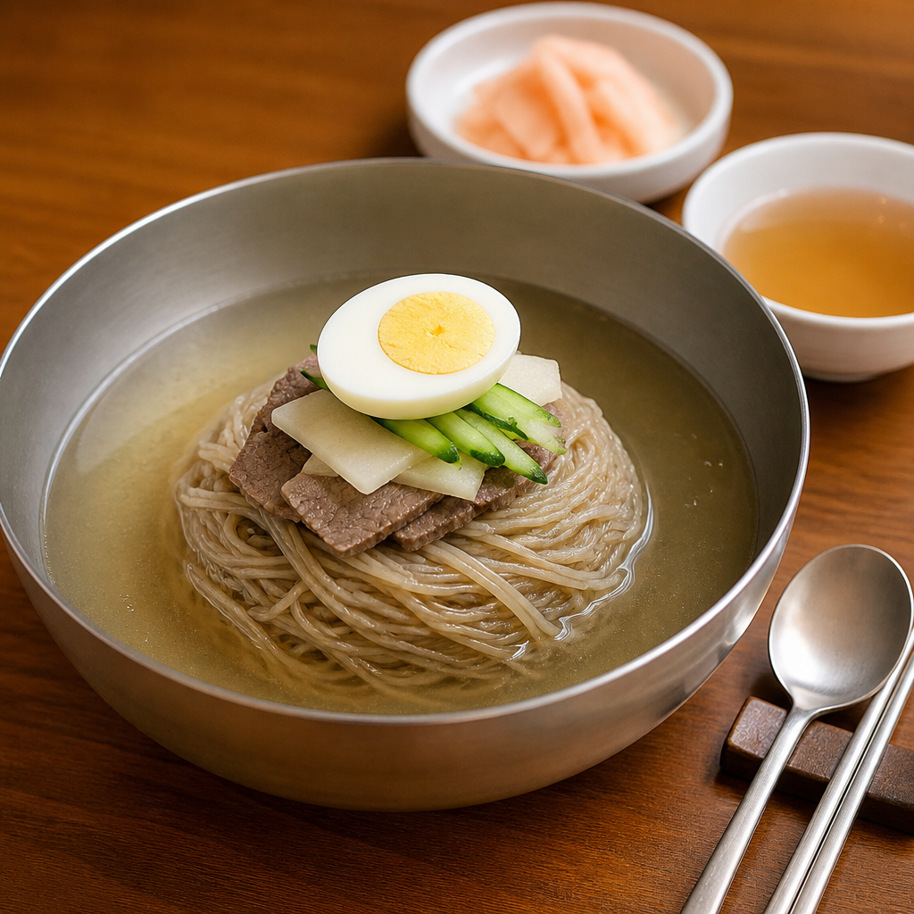 평양냉면 한 그릇과 고명, 깔끔한 육수가 담긴 사발