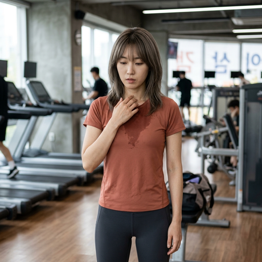 실내 운동 공간에서 땀에 젖은 얇은 반팔 운동복을 입고 목과 가슴 부위를 손으로 만지는 중년 성인의 모습
