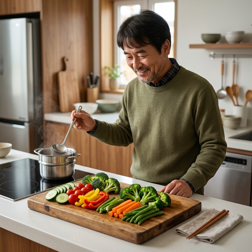 도마 위 생채소와 살짝 찐 채소가 함께 놓인 주방 풍경